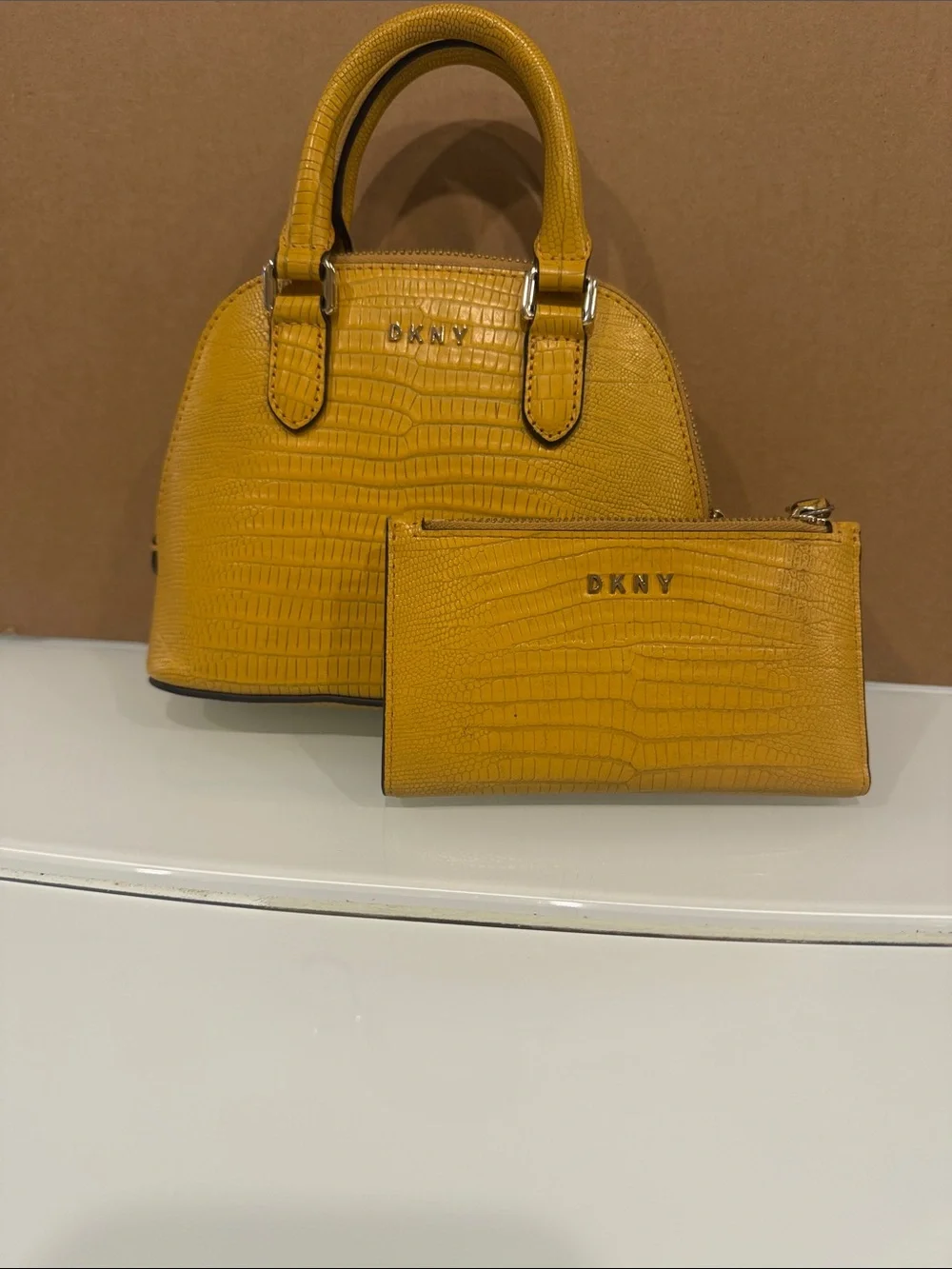 DKNY Croc-Embossed Mustard Satchel with Matching Zip Pouch